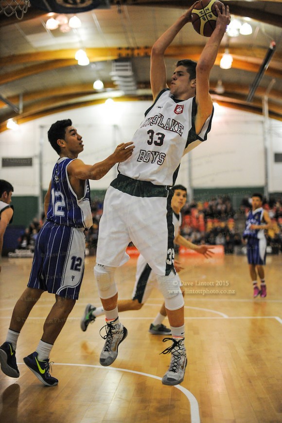 Westlake's Matthew Freeman in action during the 2014 National Secondary Schools Basketball Championship AA boys' semifinal between Westlake Boys' High School and St Patrick's College Town at Arena Manawatu, Palmerston North, New Zealand on Friday, 3 October 2014. Photo: Dave Lintott / lintottphoto.co.nz