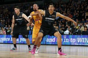 Tai Wynyard and Jordan Ngatai of the Breakers in action. 2014/15 ANBL, SkyCity Breakers vs Adelaide 36ers, Vector Arena, Auckland, New Zealand. Friday 17 October 2014. Photo: Anthony Au-Yeung / photosport.co.nz